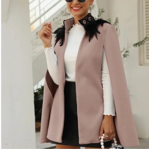 Classic gray Open Front Feather Trim Cape Jacket - Picture 10 of 11